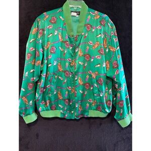 Lillie II Silk Bomber Jacket Golf Print Full Zip Vintage Style Green L‎